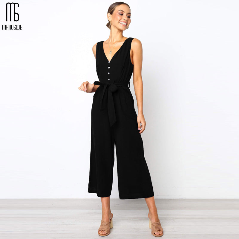 Manoswe Women Casual Button V Neck Black Jumpsuit Romper Sexy Summer Backless Overalls For Girls Loose Long Playsuit