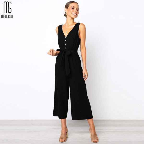 Manoswe Women Casual Button V Neck Black Jumpsuit Romper Sexy Summer Backless Overalls For Girls Loose Long Playsuit