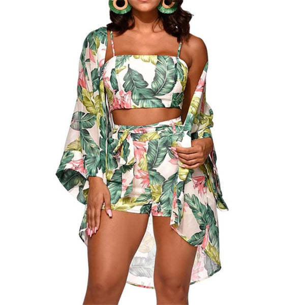 3Pcs Women Floral Top Shorts Cardigan Long Sleeve Jumpsuit Vest Trousers Romper Playsuit Belt Bottoms Strap Cover Up Cloak Sets