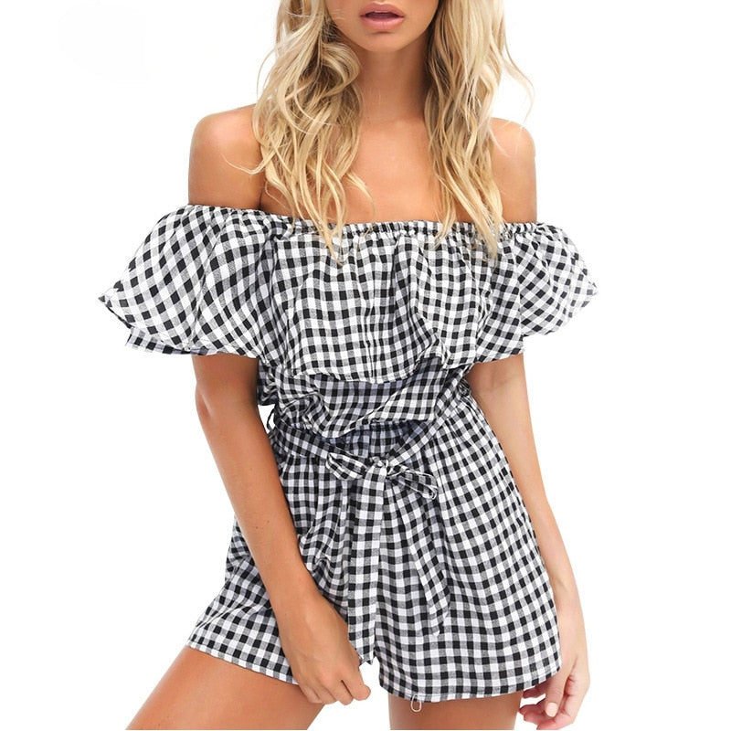 Off Shoulder Women Slim Plaid Jumpsuit  2017 Summer Beachwear Ruffles Playsuit Ladies Overalls Romper Combinaison Femme