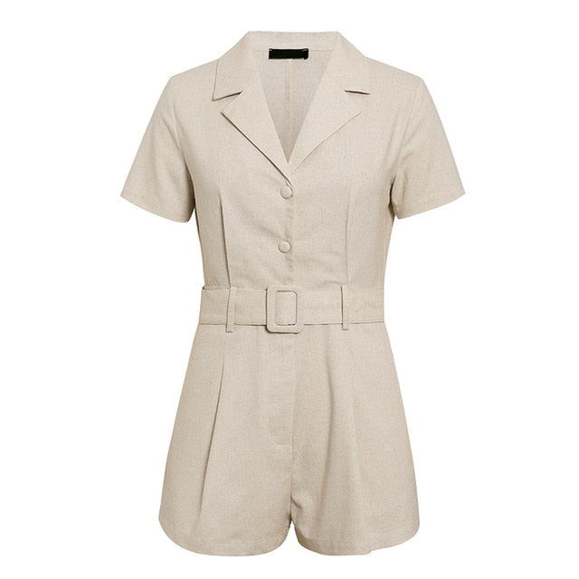 Conmoto button belt tie summer plusysuits romper women causal linen beach playsuits romper white beach short jumpsuit romper