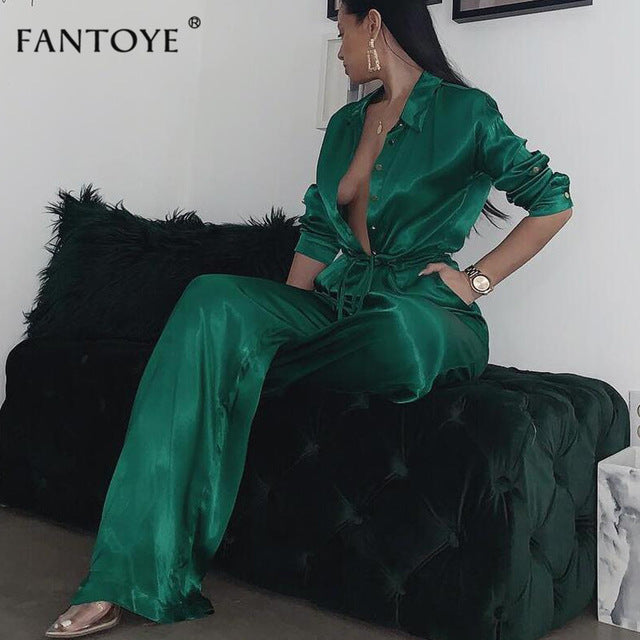 Fantoye Elegant Loose Satin Bodycon Bandage Jumpsuit Women 2020 Spring Sexy Solid Lapel Deep V Neck Playsuits Ladies Streetwear