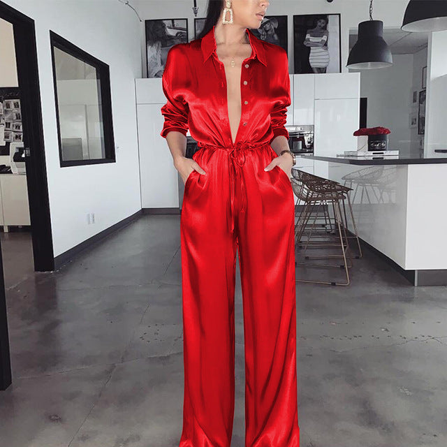Fantoye Elegant Loose Satin Bodycon Bandage Jumpsuit Women 2020 Spring Sexy Solid Lapel Deep V Neck Playsuits Ladies Streetwear