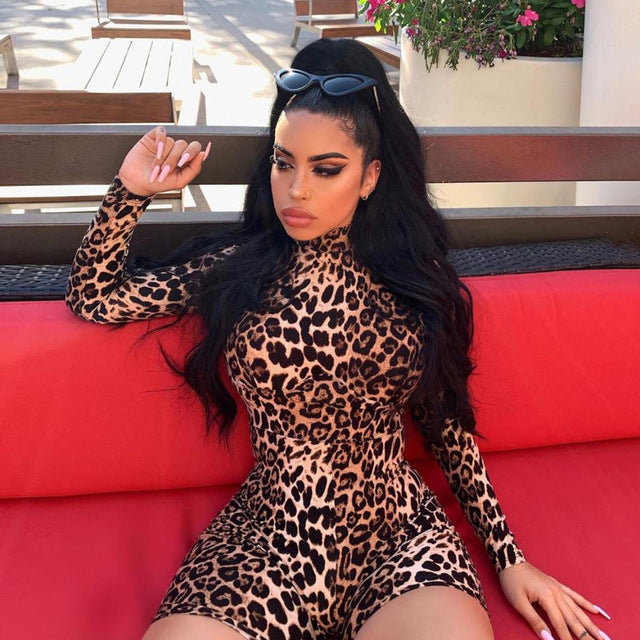 ANJAMANOR Cheetah Print Sexy Rompers Playsuit Fall Clothes for Women Clubwear High Neck Long Sleeve Bodycon Jumpsuit D83-I62