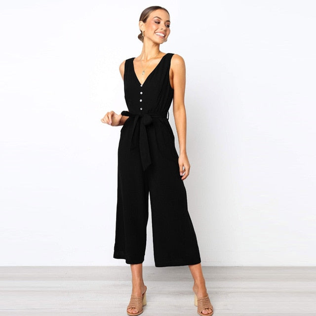 Manoswe Women Casual Button V Neck Black Jumpsuit Romper Sexy Summer Backless Overalls For Girls Loose Long Playsuit