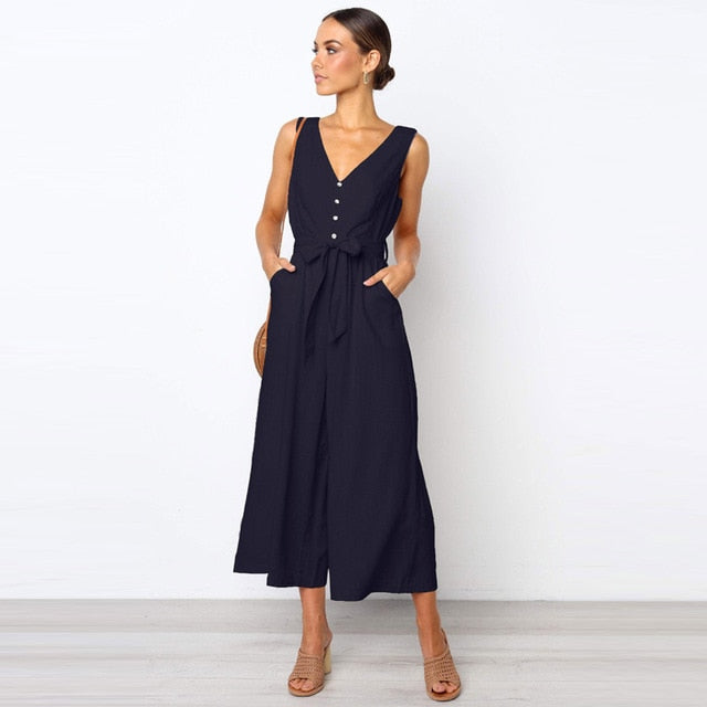 Manoswe Women Casual Button V Neck Black Jumpsuit Romper Sexy Summer Backless Overalls For Girls Loose Long Playsuit
