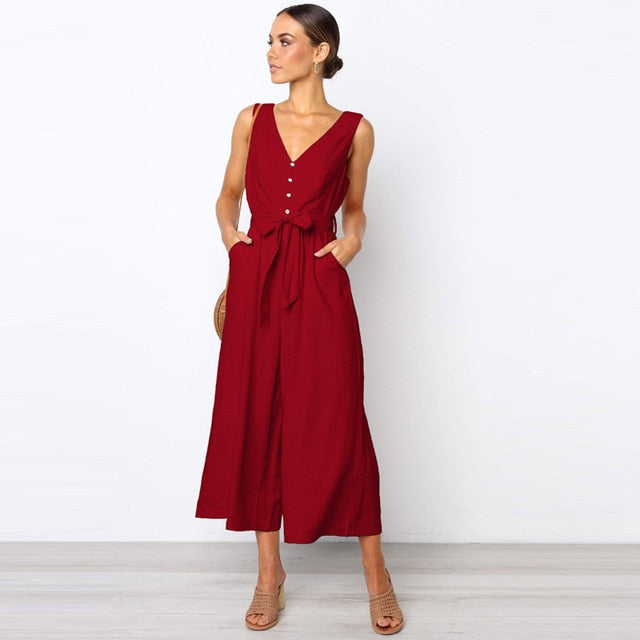 Manoswe Women Casual Button V Neck Black Jumpsuit Romper Sexy Summer Backless Overalls For Girls Loose Long Playsuit