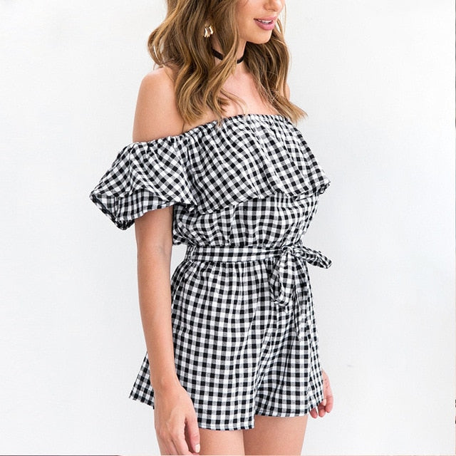 Off Shoulder Women Slim Plaid Jumpsuit  2017 Summer Beachwear Ruffles Playsuit Ladies Overalls Romper Combinaison Femme