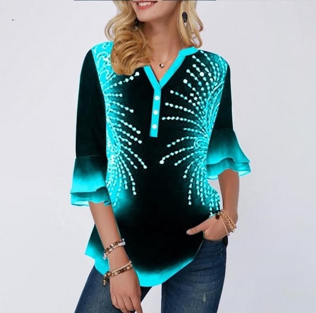 Shirt Blouse Women Spring Summer Printing Shirt 3/4 sleeve Casual Hem Irregularity Female fashion shirt Tops Plus Size