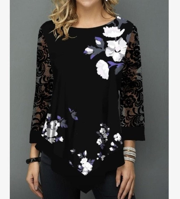 Shirt Blouse Women Spring Summer Printing Shirt 3/4 sleeve Casual Hem Irregularity Female fashion shirt Tops Plus Size