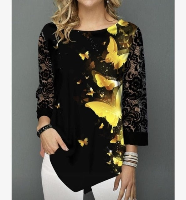 Shirt Blouse Women Spring Summer Printing Shirt 3/4 sleeve Casual Hem Irregularity Female fashion shirt Tops Plus Size