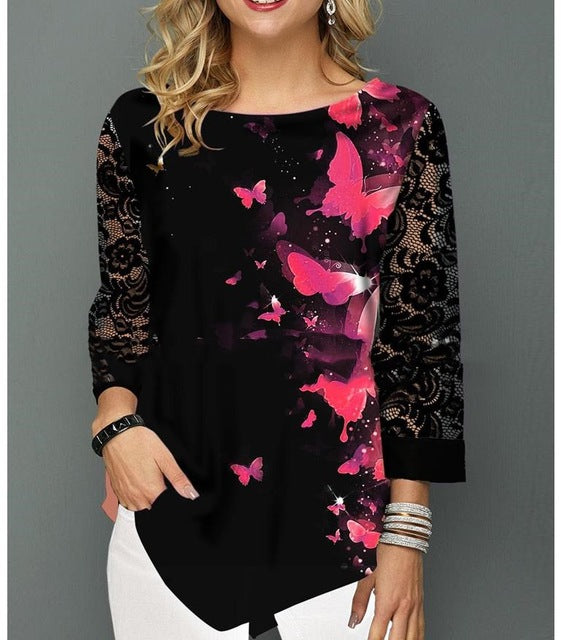 Shirt Blouse Women Spring Summer Printing Shirt 3/4 sleeve Casual Hem Irregularity Female fashion shirt Tops Plus Size