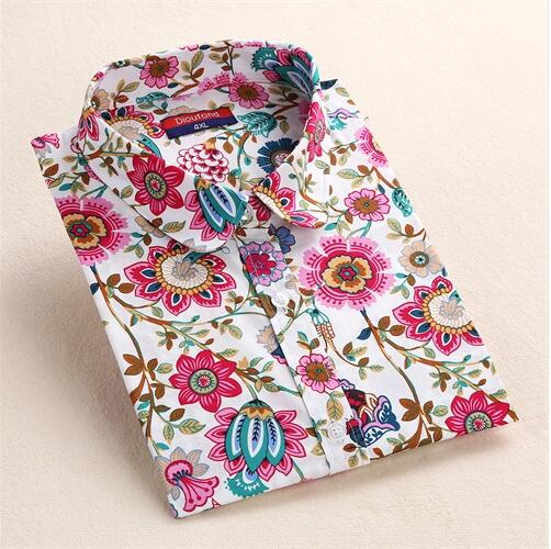 Dioufond Vintage Womens Tops and Blouses Cotton Floral Print Shirt Long Sleeve Blusas Femininas Plus Size Female Clothes Fashion