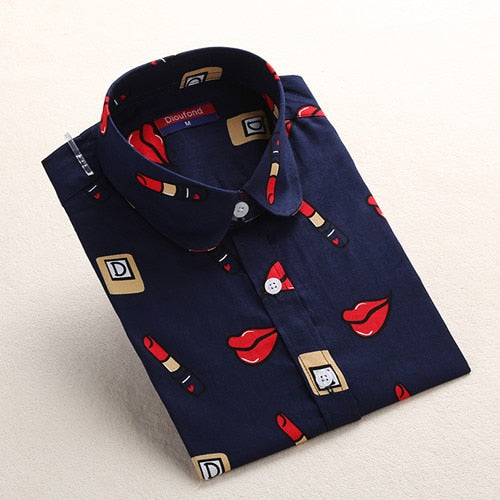 Dioufond Vintage Womens Tops and Blouses Cotton Floral Print Shirt Long Sleeve Blusas Femininas Plus Size Female Clothes Fashion