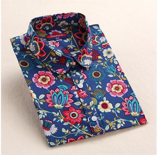 Dioufond Vintage Womens Tops and Blouses Cotton Floral Print Shirt Long Sleeve Blusas Femininas Plus Size Female Clothes Fashion
