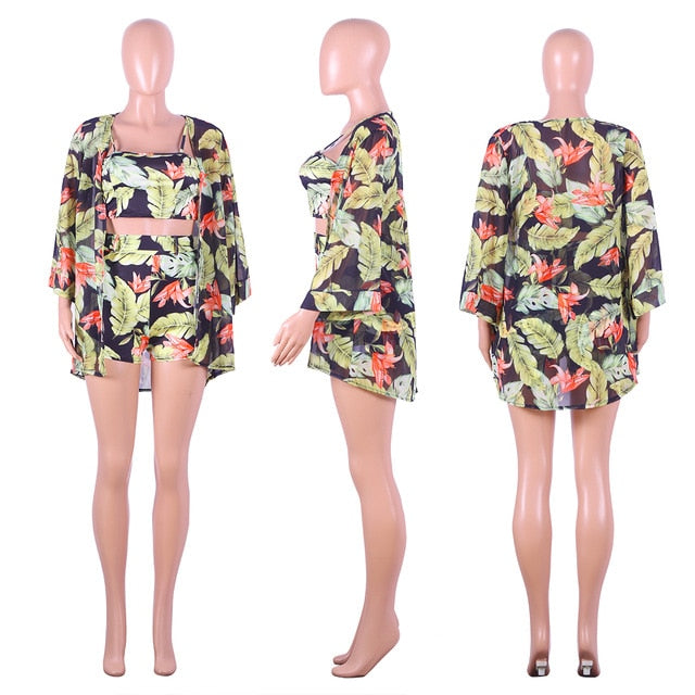 3Pcs Women Floral Top Shorts Cardigan Long Sleeve Jumpsuit Vest Trousers Romper Playsuit Belt Bottoms Strap Cover Up Cloak Sets