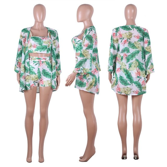 3Pcs Women Floral Top Shorts Cardigan Long Sleeve Jumpsuit Vest Trousers Romper Playsuit Belt Bottoms Strap Cover Up Cloak Sets