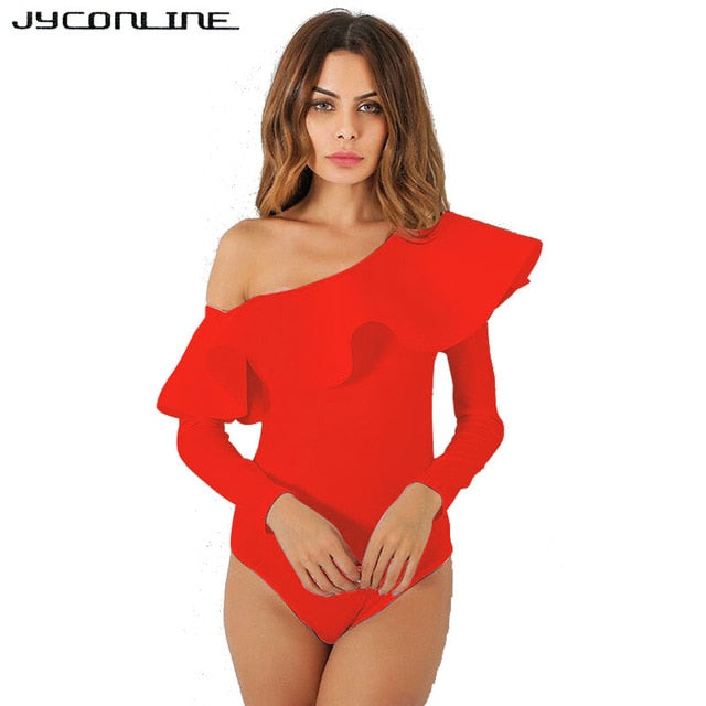 JYConline 2019 One Shoulder Bodysuit Women Body Top Ruffles Jumpsuit Sexy Rompers Womens Jumpsuit Playsuit Combinaison Femme