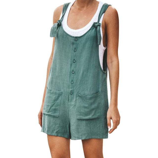 Women's Casual Button Pocket Jumsuit Female Ladies Summer Linen Vintage Shift Spaghetti-Strap Rompers Playsuits 2019