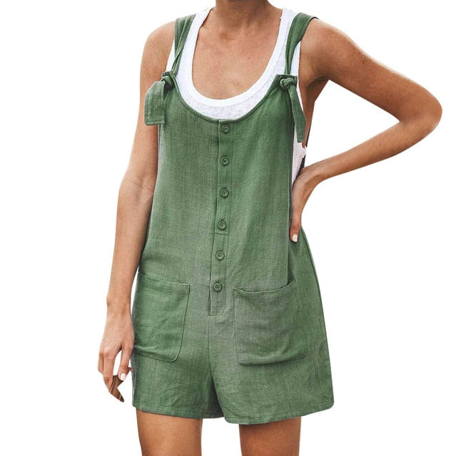 Women's Casual Button Pocket Jumsuit Female Ladies Summer Linen Vintage Shift Spaghetti-Strap Rompers Playsuits 2019