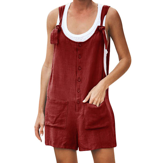 Women's Casual Button Pocket Jumsuit Female Ladies Summer Linen Vintage Shift Spaghetti-Strap Rompers Playsuits 2019