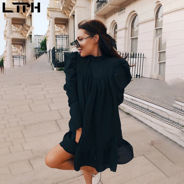 Hot sale New 2020Spring Autumn fashion Solid women dress temperament Puff Sleeve small Turtleneck Ruffles A-Line Chiffon dresses