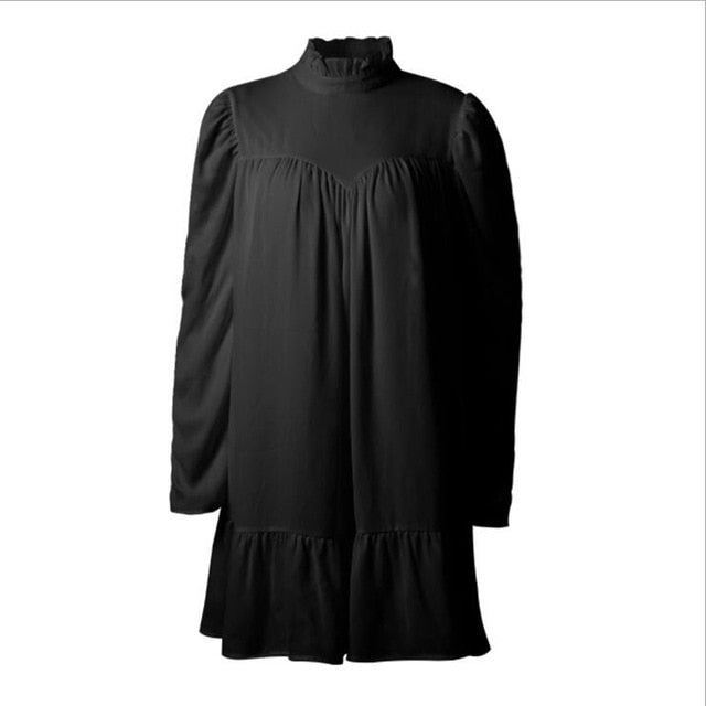 Hot sale New 2020Spring Autumn fashion Solid women dress temperament Puff Sleeve small Turtleneck Ruffles A-Line Chiffon dresses