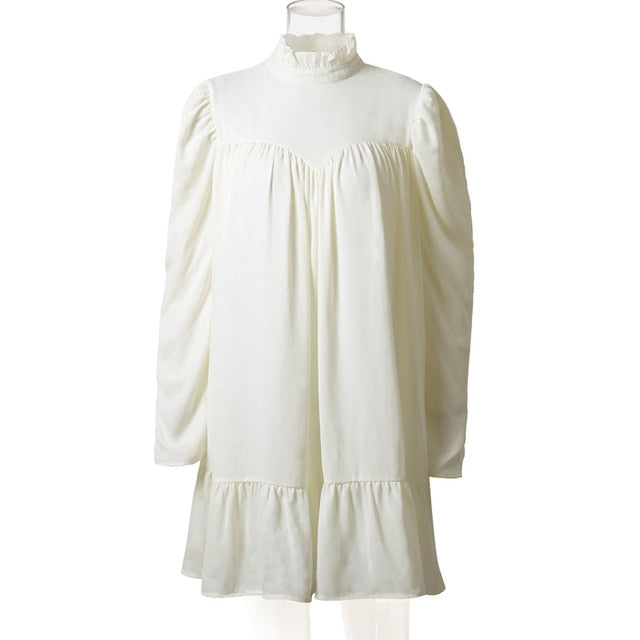 Hot sale New 2020Spring Autumn fashion Solid women dress temperament Puff Sleeve small Turtleneck Ruffles A-Line Chiffon dresses