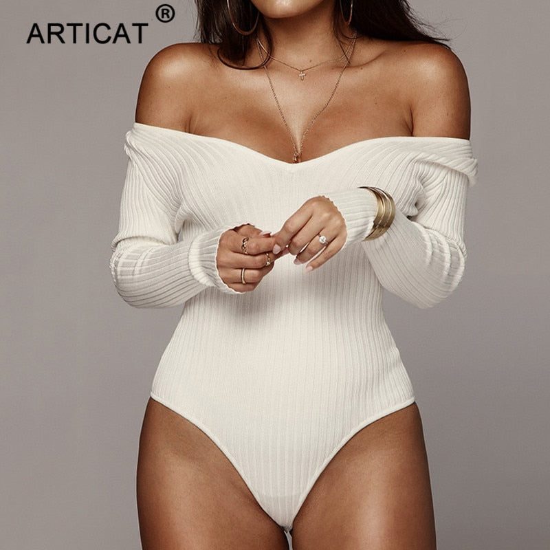 Articat Off Shoulder Ribbed Knitted Sexy Bodysuit Women Black V Neck Summer Rompers Womens Jumpsuit Basic Playsuit Womens Tops