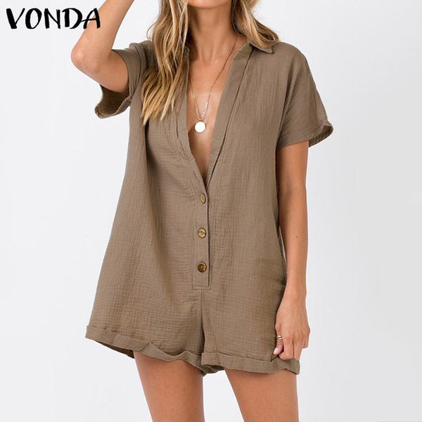 VONDA Rompers Women Jumpsuits Casual Short Pants 2020 Summer Vintage Overalls Sexy V Neck Short Sleeve Playsuits Plus Size S-5XL