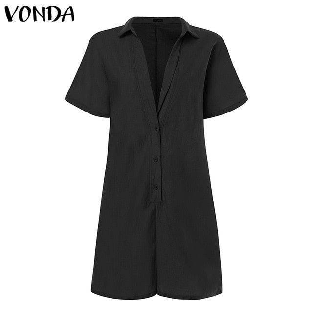 VONDA Rompers Women Jumpsuits Casual Short Pants 2020 Summer Vintage Overalls Sexy V Neck Short Sleeve Playsuits Plus Size S-5XL