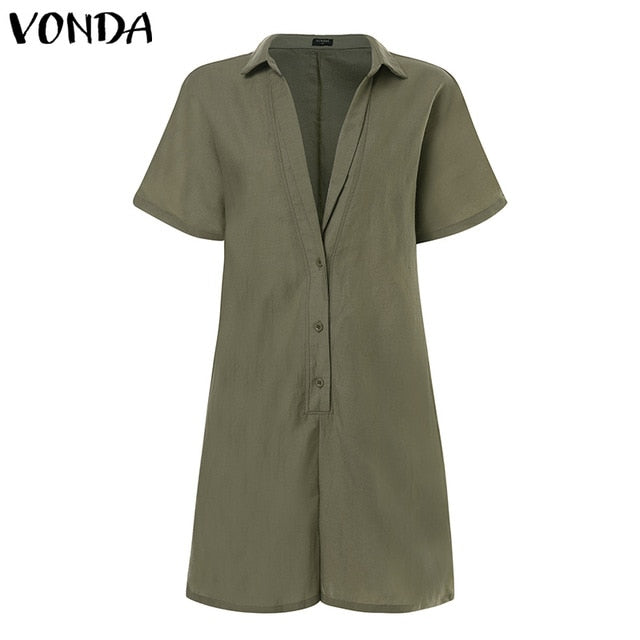 VONDA Rompers Women Jumpsuits Casual Short Pants 2020 Summer Vintage Overalls Sexy V Neck Short Sleeve Playsuits Plus Size S-5XL