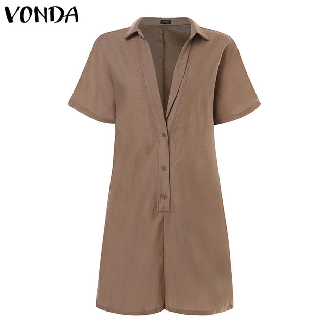 VONDA Rompers Women Jumpsuits Casual Short Pants 2020 Summer Vintage Overalls Sexy V Neck Short Sleeve Playsuits Plus Size S-5XL