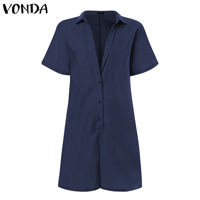 VONDA Rompers Women Jumpsuits Casual Short Pants 2020 Summer Vintage Overalls Sexy V Neck Short Sleeve Playsuits Plus Size S-5XL