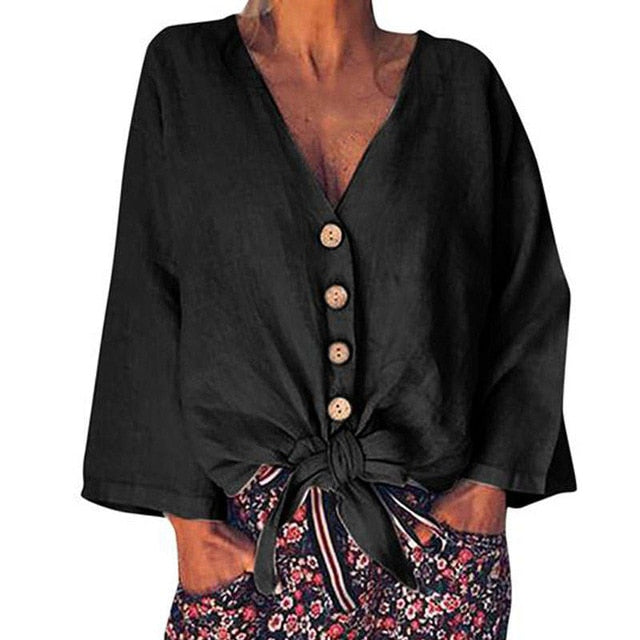 2020 Summer Fashion Blouse ZANZEA Women Long Sleeve Shirt Casual Cotton Linen Tops Sexy V Neck Buttons Down Knot Tunic Plus Size