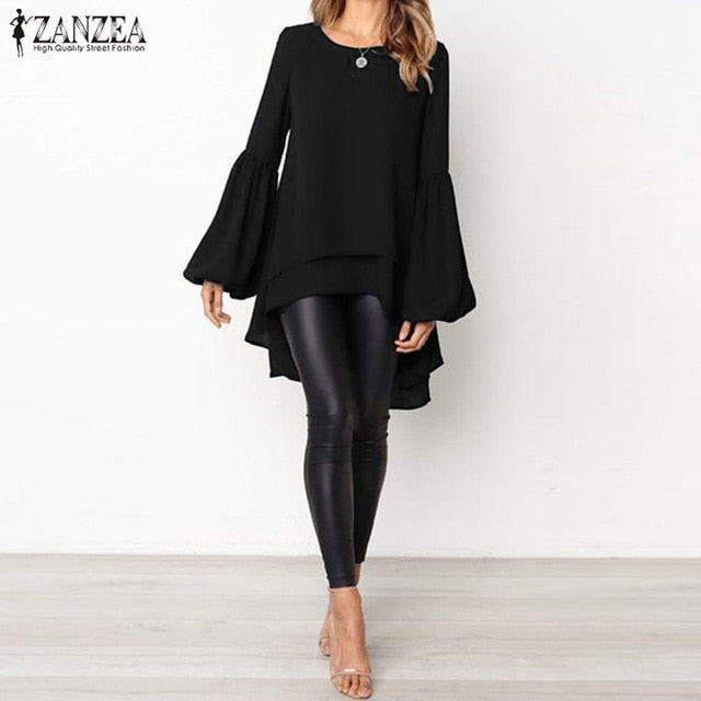 Lantern Sleeve Layered Shirts Women Asymmetrical Blouse 2020 ZANZEA Fashion Tops Female Casual Blusas Femininas Plus Size Shirts