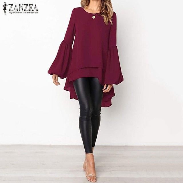 Lantern Sleeve Layered Shirts Women Asymmetrical Blouse 2020 ZANZEA Fashion Tops Female Casual Blusas Femininas Plus Size Shirts