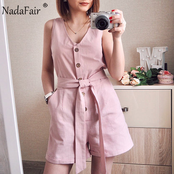 Nadafair Casual Playsuit Woman Off Shoulder Belt Tunic Pink Black Solid Summer Elegant Short Jumpsuit 2020 Overalls For Women