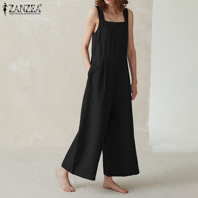 2020 ZANZEA Plus Size Linen Overalls Women's Summer Jumpsuits Casual Suspender Wide Leg Pants Rompers Female Button Playsuits