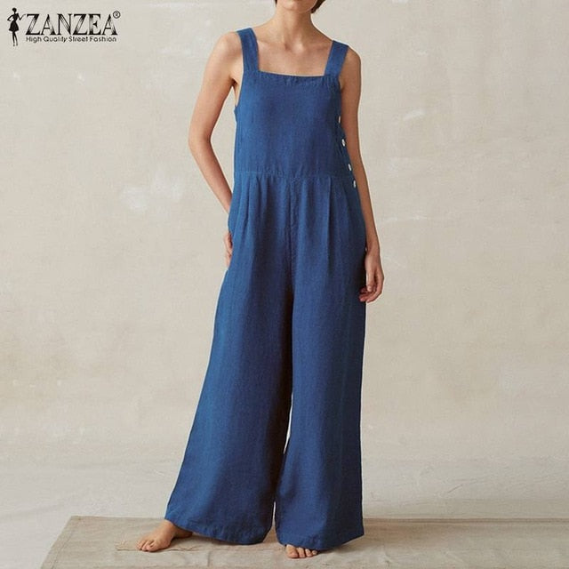 2020 ZANZEA Plus Size Linen Overalls Women's Summer Jumpsuits Casual Suspender Wide Leg Pants Rompers Female Button Playsuits
