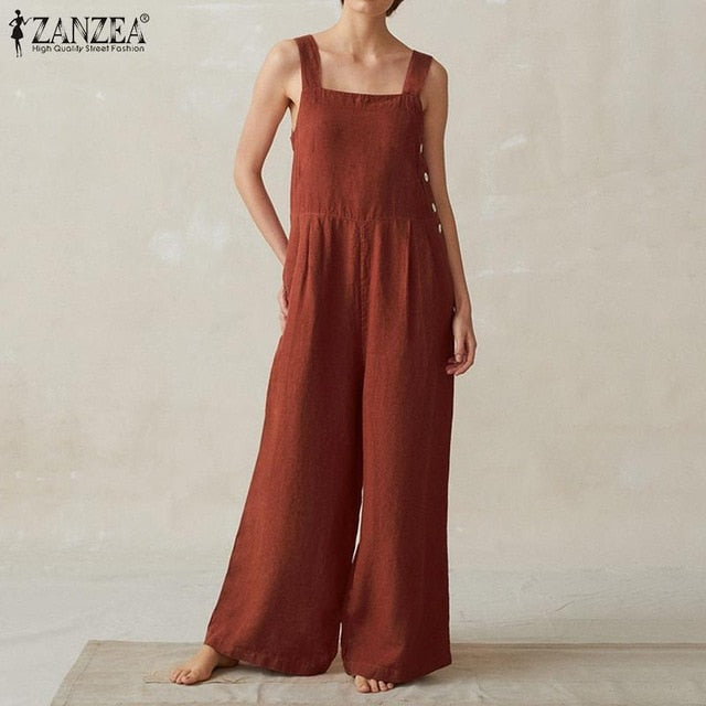 2020 ZANZEA Plus Size Linen Overalls Women's Summer Jumpsuits Casual Suspender Wide Leg Pants Rompers Female Button Playsuits