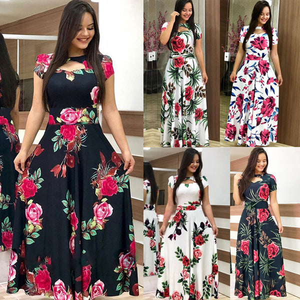Elegant Spring Autumn Women Dress 2019 Casual Bohmia Flower Print Maxi Dresses Fashion Hollow Out Tunic Vestidos Dress Plus Size