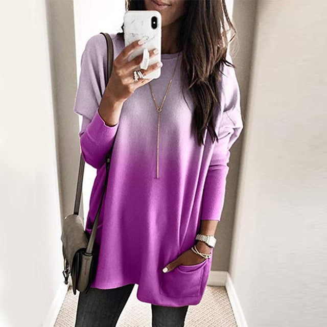 Fashion O-neck Long Sleeve Gradient Color Loose Casual Dress Women 2019 Autumn Pocket Long Tops Plus Size Ladies Dresses
