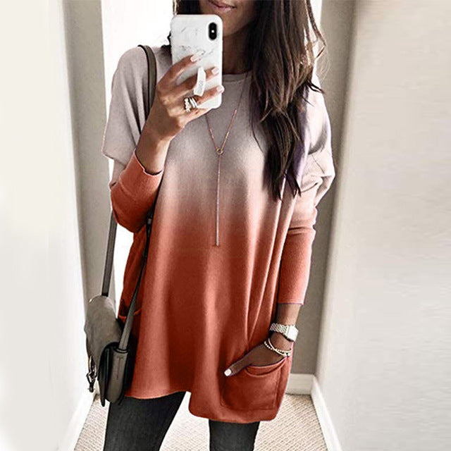 Fashion O-neck Long Sleeve Gradient Color Loose Casual Dress Women 2019 Autumn Pocket Long Tops Plus Size Ladies Dresses