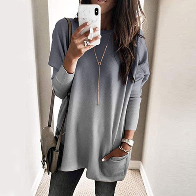 Fashion O-neck Long Sleeve Gradient Color Loose Casual Dress Women 2019 Autumn Pocket Long Tops Plus Size Ladies Dresses