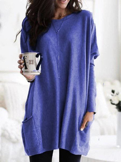 Fashion O-neck Long Sleeve Gradient Color Loose Casual Dress Women 2019 Autumn Pocket Long Tops Plus Size Ladies Dresses