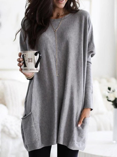 Fashion O-neck Long Sleeve Gradient Color Loose Casual Dress Women 2019 Autumn Pocket Long Tops Plus Size Ladies Dresses