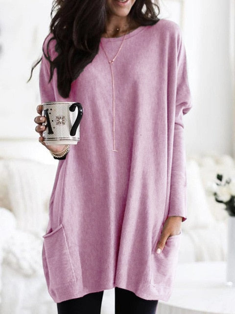 Fashion O-neck Long Sleeve Gradient Color Loose Casual Dress Women 2019 Autumn Pocket Long Tops Plus Size Ladies Dresses