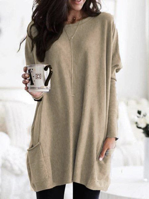 Fashion O-neck Long Sleeve Gradient Color Loose Casual Dress Women 2019 Autumn Pocket Long Tops Plus Size Ladies Dresses