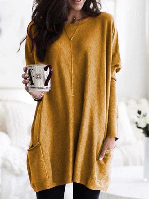 Fashion O-neck Long Sleeve Gradient Color Loose Casual Dress Women 2019 Autumn Pocket Long Tops Plus Size Ladies Dresses